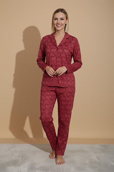 FİT WOMEN PAMUKLU KALP DESENLİ FİTİLLİ DÜĞMELİ PİJAMA TAKIMI 19246