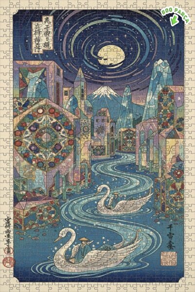 Masalsı Şehirde Kuğulu Gece Yolculuğu Yağlı Boya Görünümlü Ahşap Puzzle 800 PARÇA 70x50