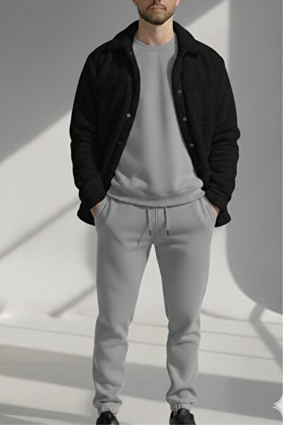 NO 601 Men's Black Buttoned Plush Stone Gray Crew Neck Sweat Stone Gray Track...