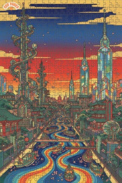 Teona Ahşap لغز خشبي بإطار ذو طابقين بمظهر لوحة زيتية لمنظر مدينة خيالي 500 ق...