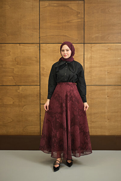 LOCCO Women's Floral Pattern Lined Chiffon Skirt Burgundy