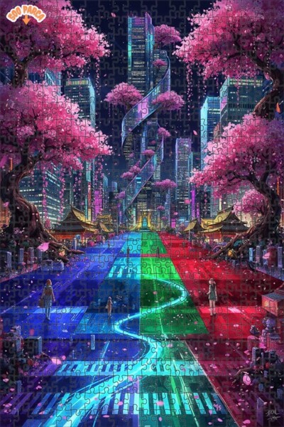 Teona Ahşap لغز خشبي بإطار مزدوج الطبقات بمظهر لوحة زيتية لمدينة ساكورا النيو...