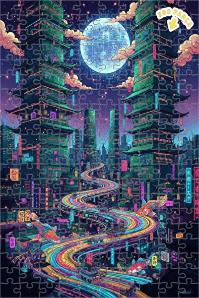 Teona Ahşap لوحة زيتية لأسماك الكوي الطائرة في مدينة النيون، لغز خشبي بإطار م...