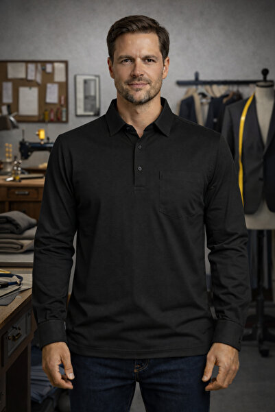 BayBayan Pulover din bumbac pieptănat cu guler tip cămașă și mânecă lungă