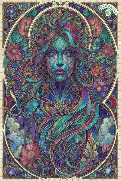 Teona Ahşap لغز خشبي ملون مقطوع بالليزر لصورة امرأة بأسلوب آرت نوفو، 800 قطعة...