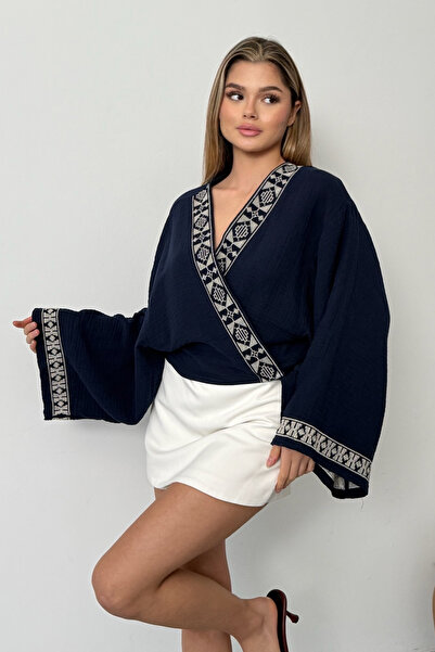 JEE LEE Women's Tie Detailed Embroidered 100% Cotton Kimono Navy Blue - 26Y 7014