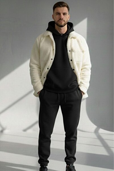 NO 601 Men's Buttoned Plush Hooded Sweat Tracksuit Set 3-Piece Set