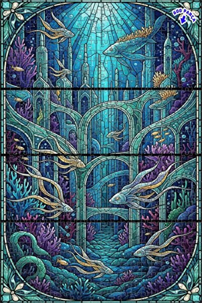 Teona Ahşap لغز خشبي مؤطر من طابقين بتصميم قلعة سحرية تحت البحر مع زجاج ملون ...