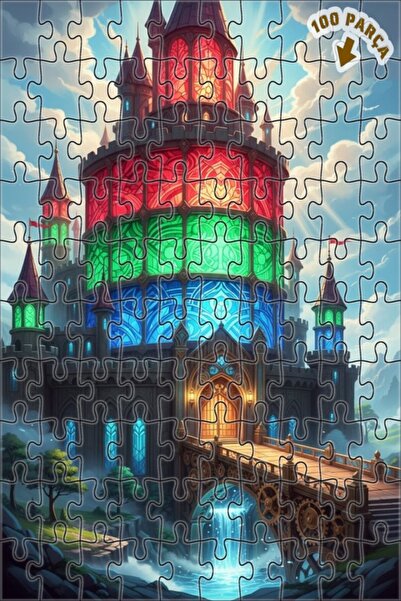 Teona Ahşap لغز خشبي مؤطر ذو طابقين بتصميم قلعة سحرية ملونة 100 قطعة 25x25