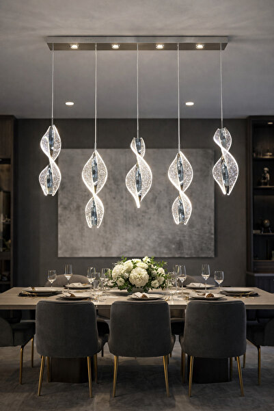 RSCOLLECTIONS Luxury Modern 5 Li Sıralı Sarkıt Led Avize Kumandalı Krom