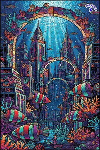 Teona Ahşap لغز خشبي مؤطر بطبقتين بمظهر لوحة زيتية لقصة مدينة تحت البحر 600 ق...