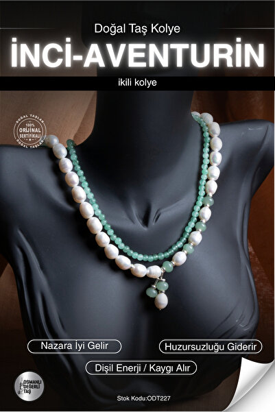 OSMANLI DEĞERLİ TAŞ Certified Pearl-Aventurine Natural Stone Double Pendant O...