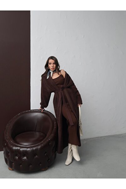 Maysev Kadın Oversize Kemerli Kaşe Dokulu Beyaz Kimono Hırka Premium Uzak Şeh...