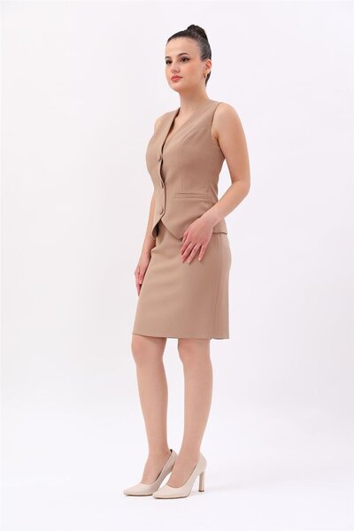 ÖNDER ÖZSOY V-Neck Short Women's Vest with Decorative Pockets - Stone