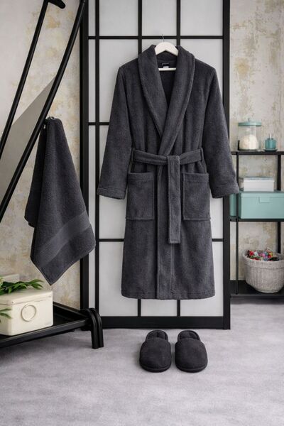 VELLON HOME TERLİKLİ TEK KİŞİLİK BANYO SETİ KOYU GRİ S/M