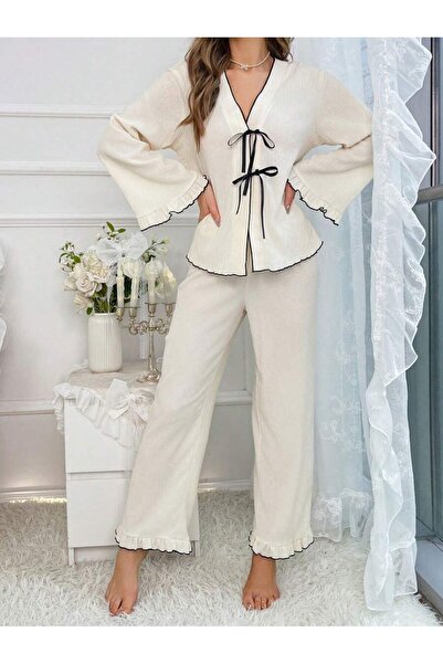 SWARO pijama takımı önü bağlamalı buruşuk takım