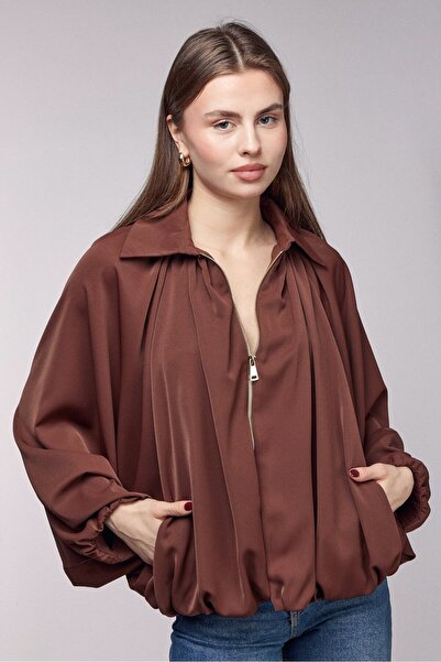 Saade Cămașă maro cu mâneci bufante și fermoar, cu buzunare - supradimensionat