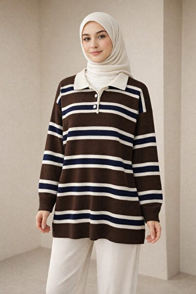 Kirazgym Women's Polo Neck Buttoned Colorful Striped Knit Sweater - Brown