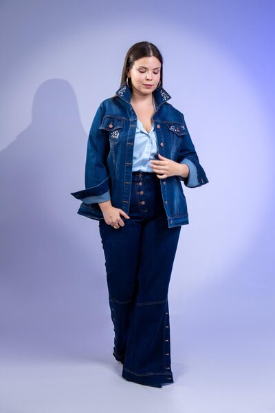 Roxxlen Жіночий джинсовий піджак великого розміру з камінням, синій