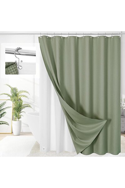 Arabest طقم ستارة حمام 3 في 1، ستارة حمام بنمط الوافل باللون الأخضر الزيتوني ...