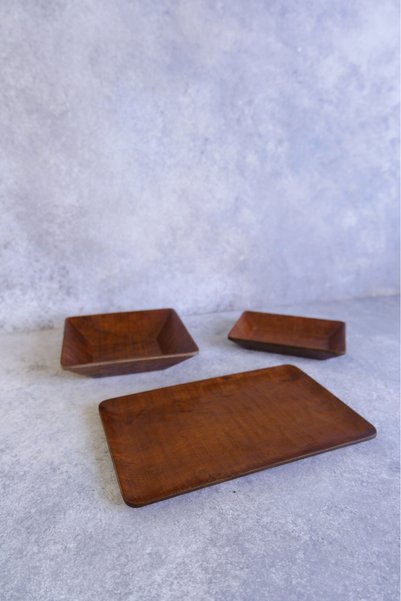 justwood طقم تقديم مستطيل خشبي منقوش من 3 قطع (16×26، 18×18، 12.5×17) سم، طبق