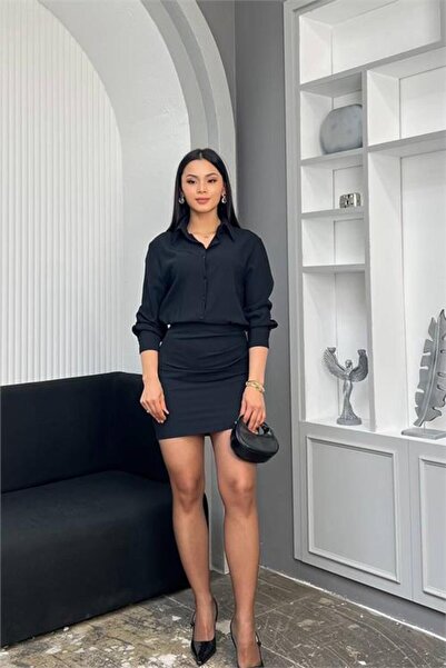 Neşeli Butik Women Black Shirt Collar Skirt Draped Mini Length Button Detail ...