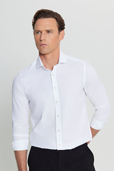 ALTINYILDIZ CLASSICS Men's White Slim Fit Slim Fit Small Italian Collar Dobby...