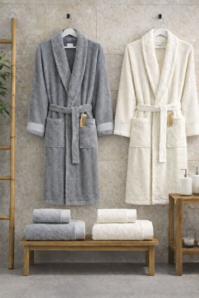 VELLON HOME 6 Piece Family Bathrobe Set Gray/Cream Xl/L