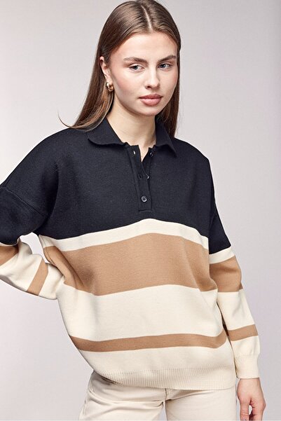 Saade Black Color Block Striped Polo Neck Oversized Sweater