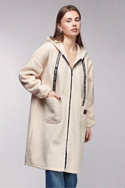 Saade Taş Oversize Kapüşonlu Fermuarlı Peluş Uzun Hırka