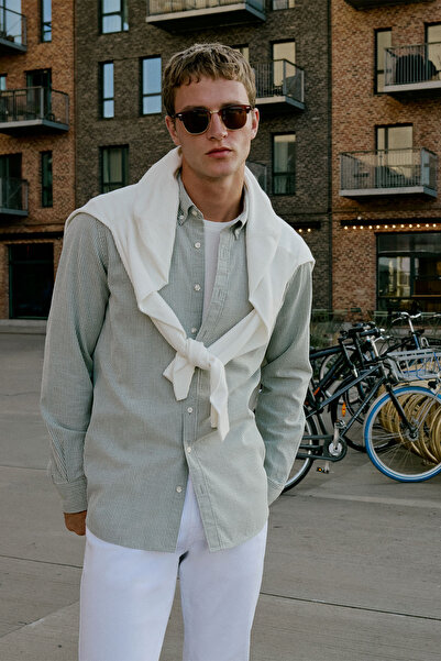 ALTINYILDIZ CLASSICS Men's Khaki-White 100% Cotton Slim Fit Slim Fit Button-D...