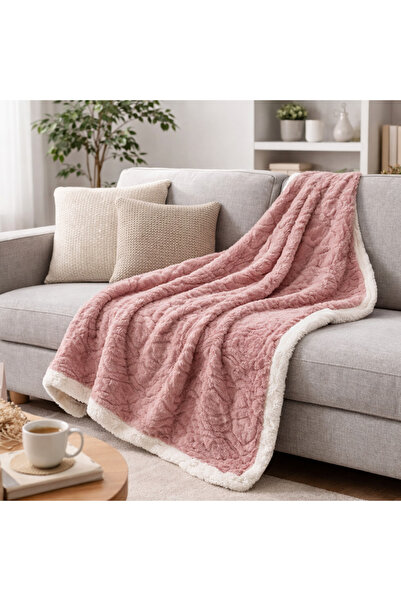 OEM Patura decorativa imitatie de blana Dusty, ultra-pufoasa, Pink Sherpa Alb...