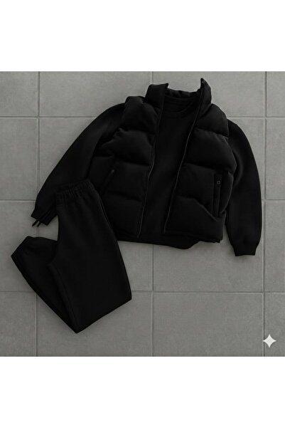 NO 601 Men's Black Puffer Vest Black Crew Neck Tracksuit Black Underwear Set ...