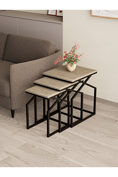 Dekoport Uygar Zigon Sehpa Yan Sehpa Metal Sehpa Traverten Desen MDF Membran ...