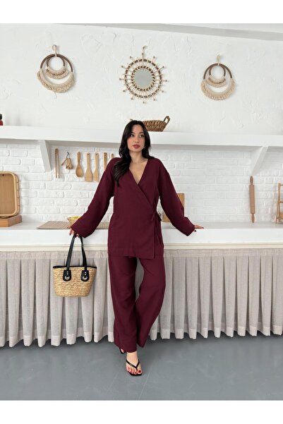 Nazline Women's Pocket Detailed Side Tie Elastic Waist Muslin Fabric Kimono Set