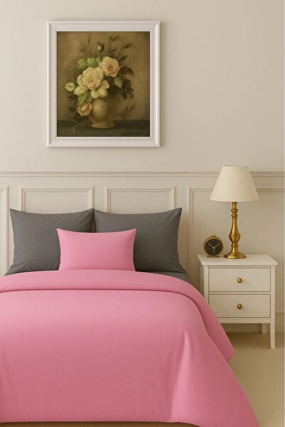 İQON Flat Sheet Duvet Cover Set 100% Cotton Single Size Pink-Grey