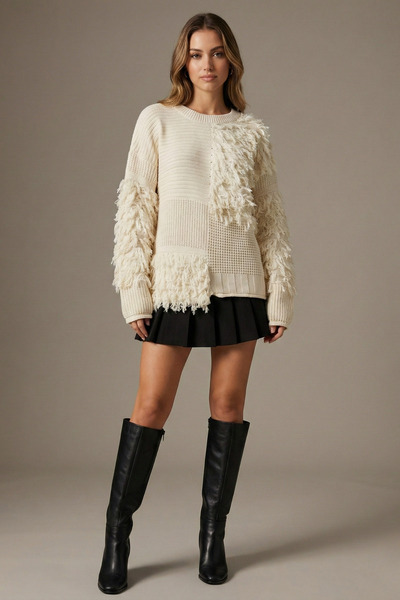 NEWCO Women's Ecru Tassel Detailed Oversized Knitwear Sweater
