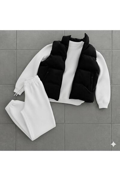 NO 601 Men's Black Puffer Vest White Crew Neck White Sweatpants Set 3-Piece C...