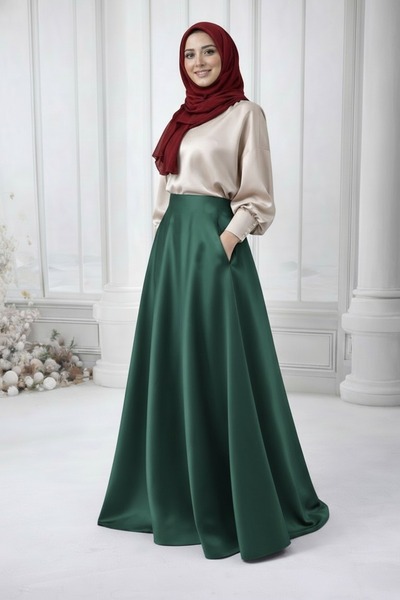 NSMLİFE Women's Emerald Green Pervazli Kiloş Skirt with Pockets