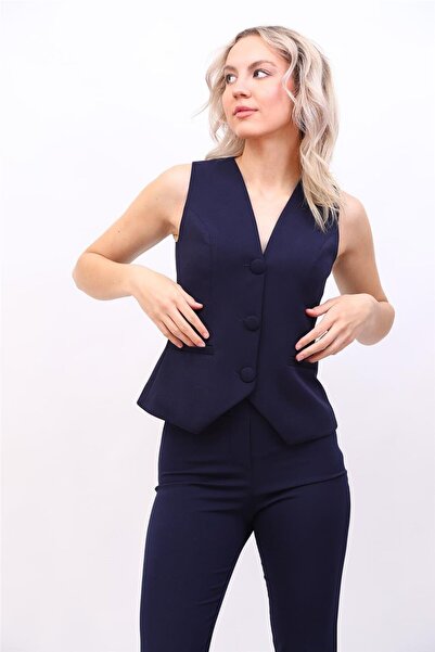 ÖNDER ÖZSOY V-Neck Short Women's Vest with Decorative Pockets - Navy Blue