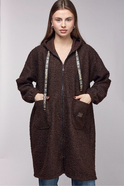 Saade Kahverengi Oversize Kapüşonlu Fermuarlı Peluş Uzun Hırka