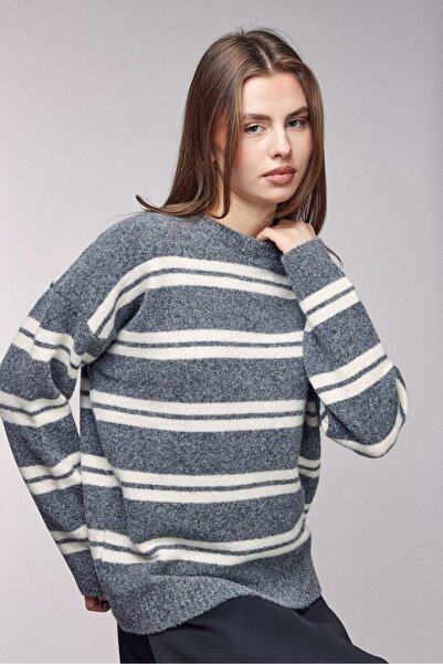 Saade Anthracite Striped Crew Neck Oversized Knitwear Sweater