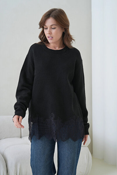 Park Karon Women's Crew Neck Low Sleeve Hem Lace Trim Knitwear Sweater 8706