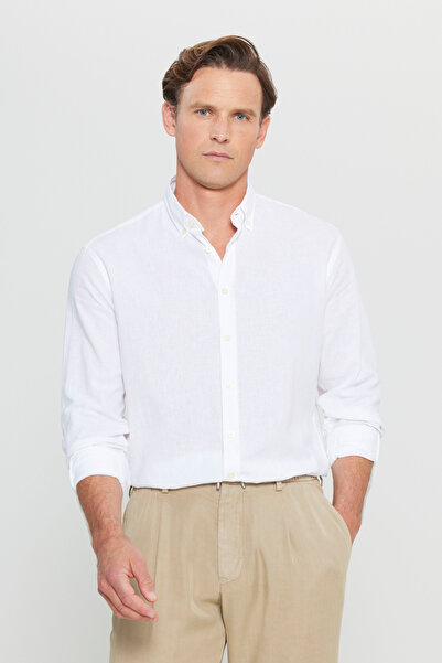 ALTINYILDIZ CLASSICS Men's White Cotton Linen Comfort Fit Relaxed Fit Button ...