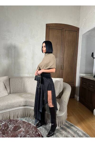 Bak'ap Premium Trend Plaid Chiffon Slit Long Skirt