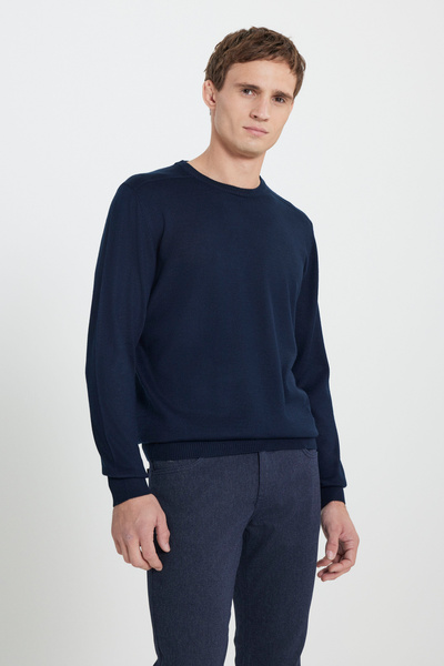 ALTINYILDIZ CLASSICS Men's Navy Blue Wool Warm Standard Fit Regular Cut Crew ...