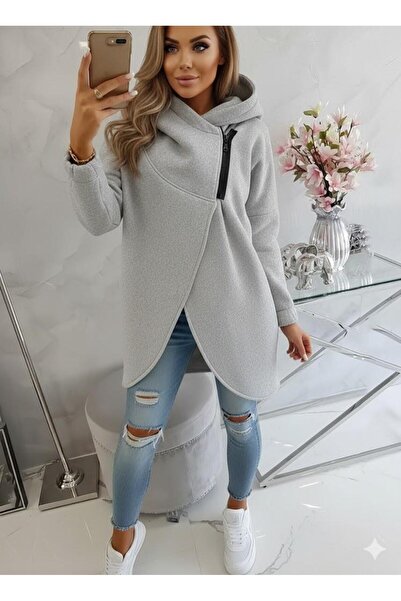 Afri Gray Melange Women's Asymmetrical Zippered Oversized Hooded Sweatshirt –...