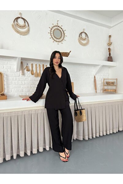 Nazline Women's Pocket Detailed Side Tie Elastic Waist Muslin Fabric Kimono Set