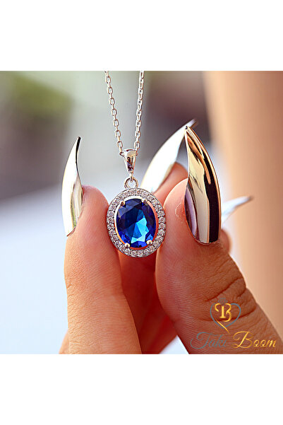 Takı Boom Mavi Taşlı Kolye, Safir Taşlı Oval Gümüş Kolye, Sevgililer Günü Hed...
