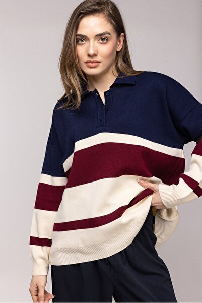 Saade Navy Blue Color Block Striped Polo Neck Oversized Sweater